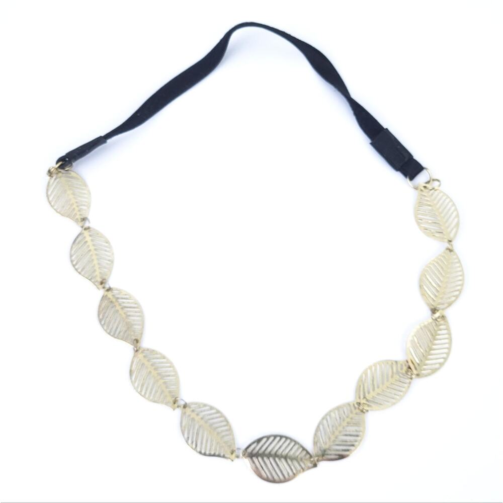 Gold Leaf Designed Necklace on Fabric Chain, Metallic, Nature, Natural Style